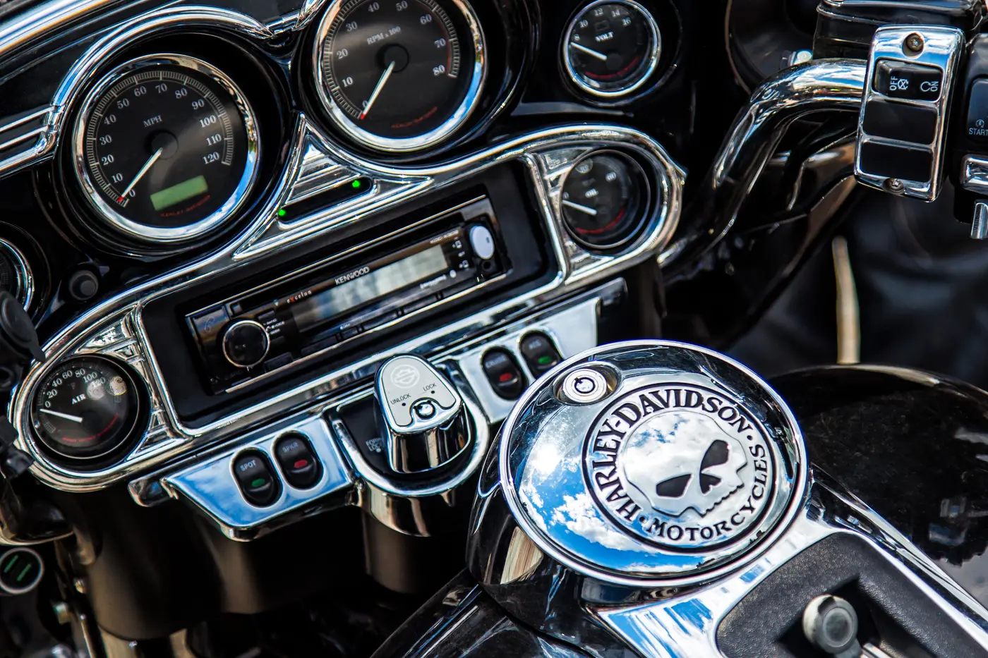 Harley-Davidson dash and skull badge on a bike in the Bike Wreckers yard